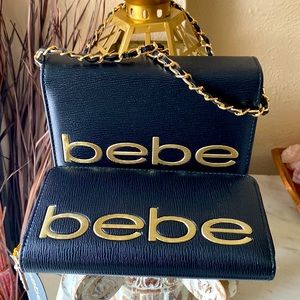 Bebe Fabiola stamped saffiano Wallet & crossbody. Black & Gold.
